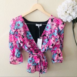 WAYF Floral Print Ruffle Wrap Top